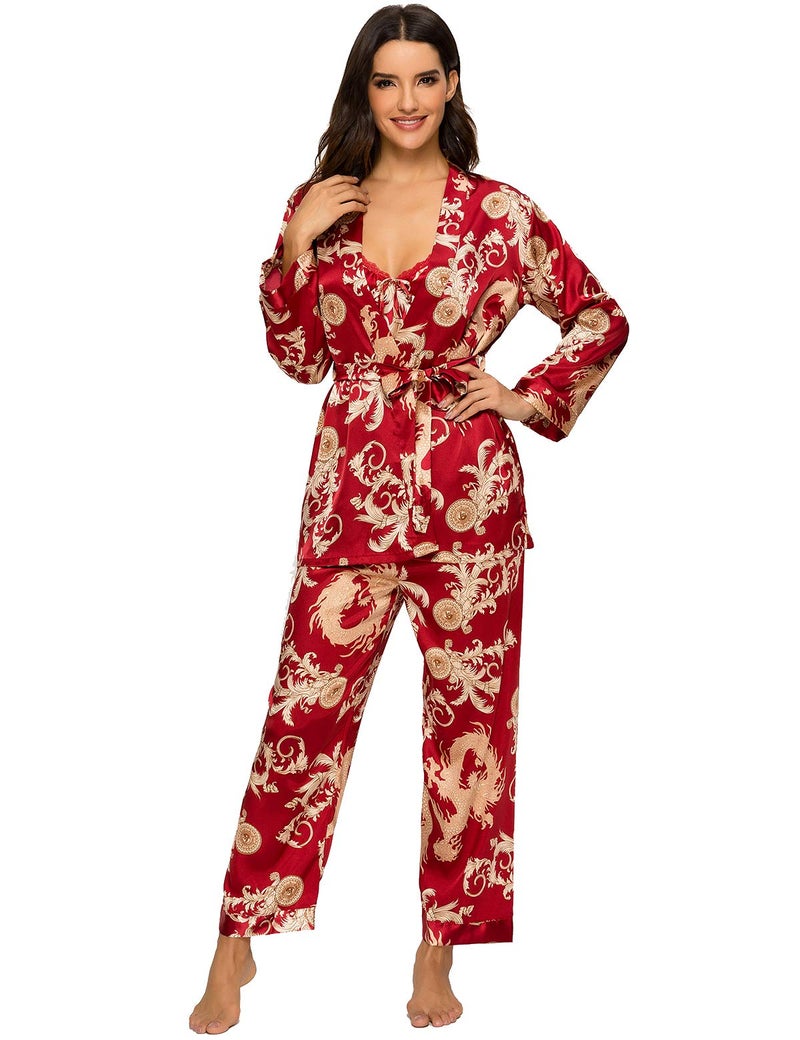 Escalier Women's Silk Satin Pajamas Set 3 Pcs Floral Silky Pj Sets Sleepwear Cami Nightwear with Robe and Pants Wine 2XL - Image 3